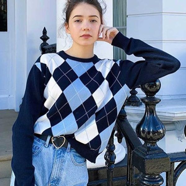 

women's sweaters vintage geometric rhombic pullover sweater autumn winter long sleeve knitted elegant casual women clothes g9lm, White;black
