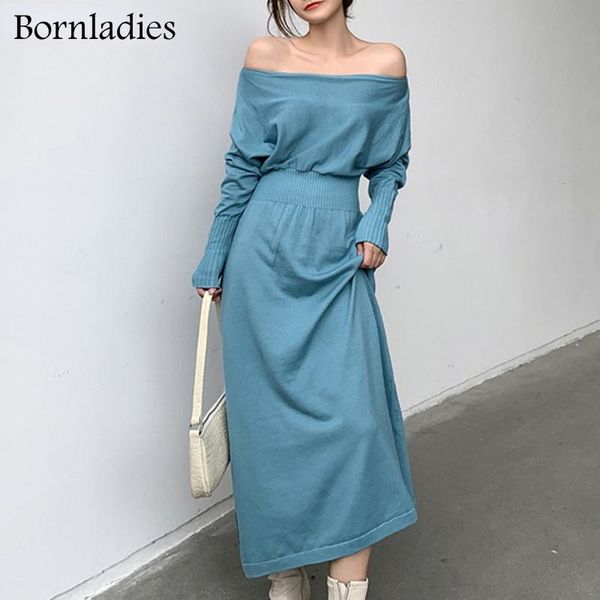 

casual dresses bornladies chic elegant slash neck ladies knitted a-line vestidos 2021 full sleeve elastic high waist female sweater dress, Black;gray