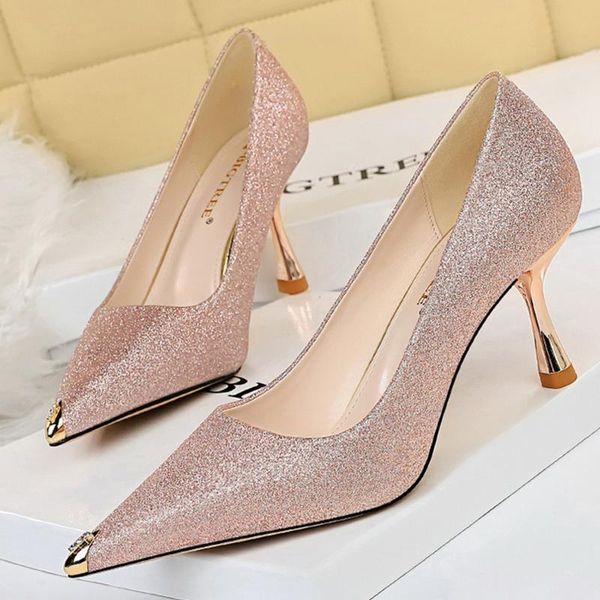 

dress shoes 2021 elegant women 9.5cm 7cm high heels pumps ladies glitter pink stiletto wedding bridal, Black