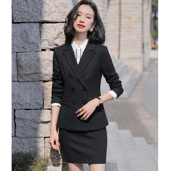 

two piece dress formal black blazer for women business suits skirt and jacket sets ladies work wear clothes office uniform styles, White