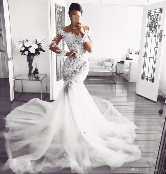 

glamorous african wedding dress 2022 lace mermaid appliques bridal gown sheer neck plus size bride robes de mariÃ©e long sleeves, White