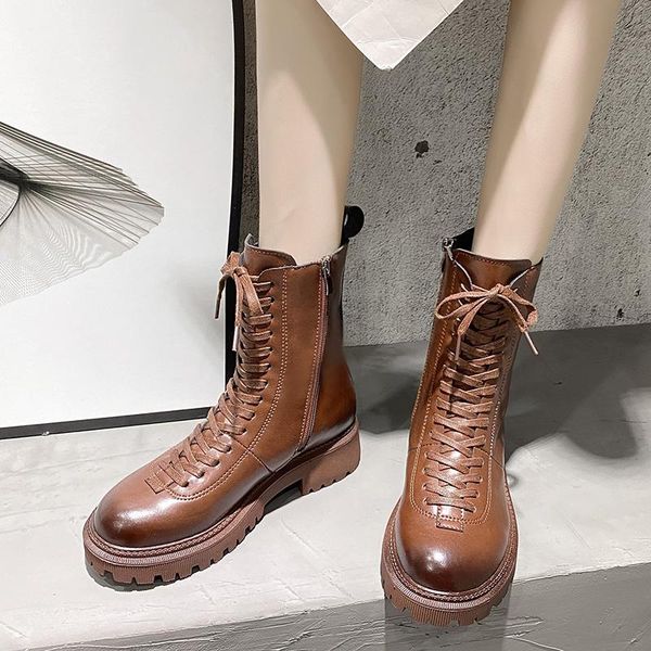 

boots lace up women 2021 shoes round toe flat heel rock ankle ladies rubber autumn med basic cotton fabric cross-tied solid, Black