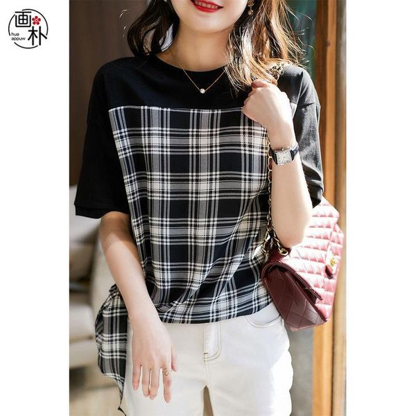 

women's t-shirt plaid print splice women 2021 summer style fashion hems lace-up short sleeve top, White