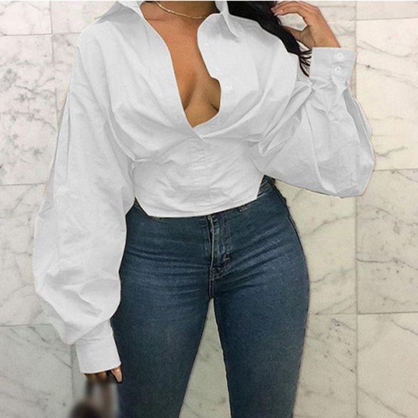 

women's blouses & shirts plus size irregular shirt long lantern sleeve turn-down collar female 2021 spring solid streetwear office top, White