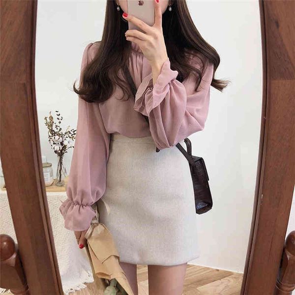 

casual solid chiffon women shirts summer flare sleeve ruffles collar loose female blouses shirts blusas mujer de moda 210522, White
