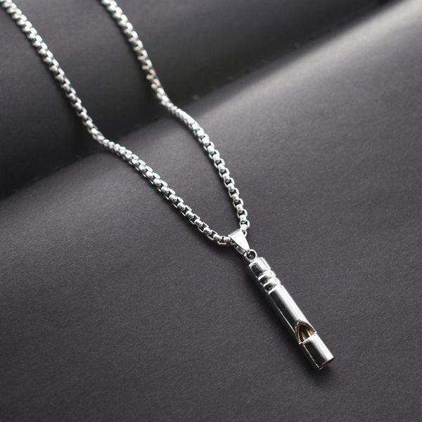 

pendant necklaces whistle necklace hip-hop personality trendy men's simple cool flute can blow creative metal chain, Silver