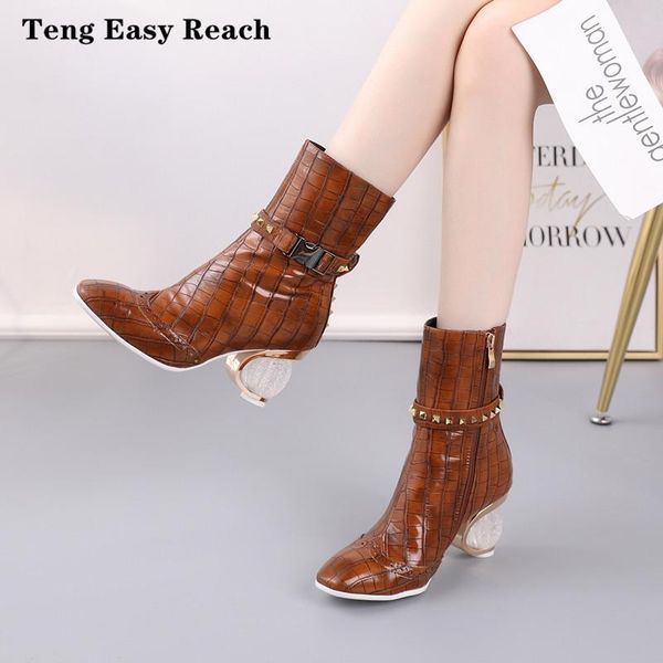 

boots fashion metal square toe brown women crystal high heel ankle pu leather autumn winter women's rivet 38, Black