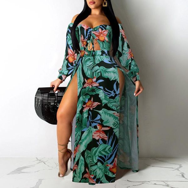 

casual dresses 2021 summer split print beach dress african nature flower leaf printed tunic long sleeve ruffle seaside maxi green, Black;gray