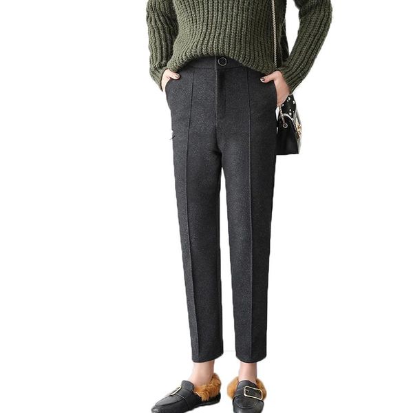 

women's pants & capris women woolen 2021 autumn winter female casual elastic waist office lady warm thick wool pant harem trousers, Black;white