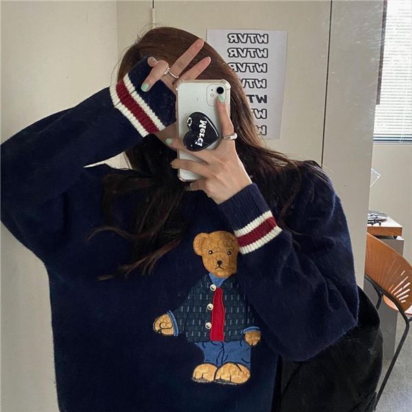 

women japan style fall cartoon womens sweaters bear embroidery pullover knitting female casual warm harajuku sweet kawaii winter clothes, White;black