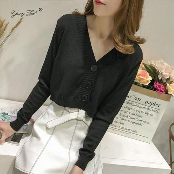 

women's knits & tees solid knitted sweater spring long sleeve button patchwork crop korean fashion v neck girl sweet cardigan 2021, White