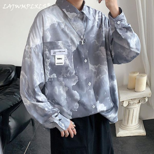 

men's casual shirts spring cloud shirt fashion printed men streetwear korean loose long sleeve mens dress -5xl, White;black
