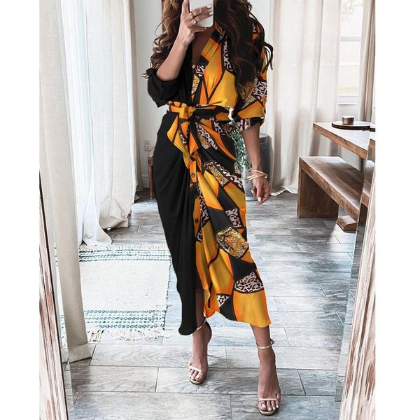 

casual dresses women vintage print ruffles temperament elegant robe ladies buttons waistband ol commuting clothes femms vestidos, Black;gray