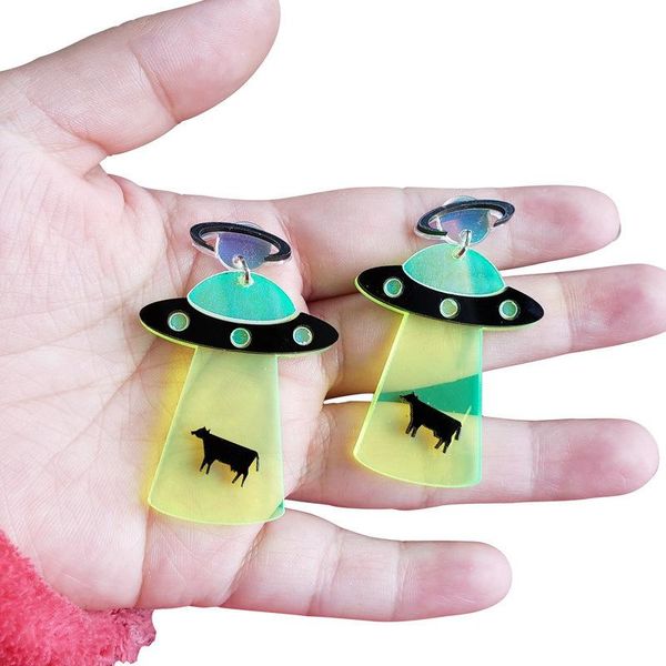 

dangle & chandelier cute acrylic ufo earrings for women creative cow spaceship alien drop handmade novelry jewelry, Silver