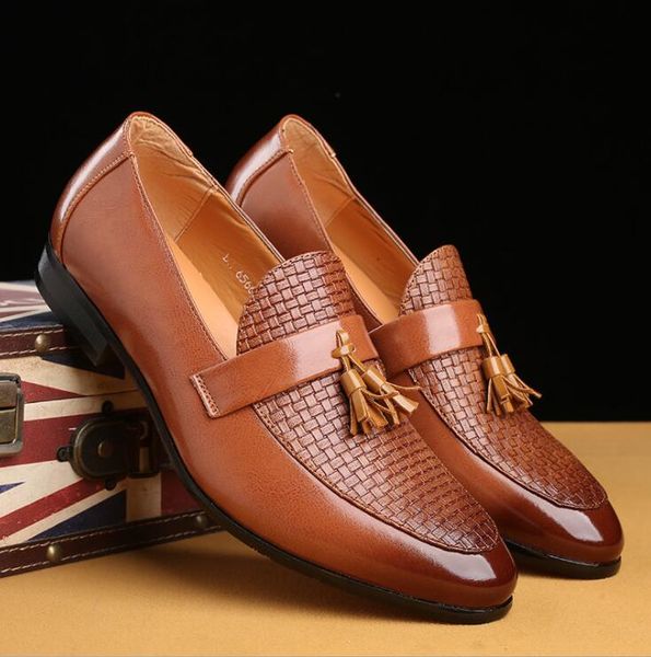 

men fashion tassel loafers comfortable leather pointed toe classic wedding slip-on penny casual flat shoes, Black