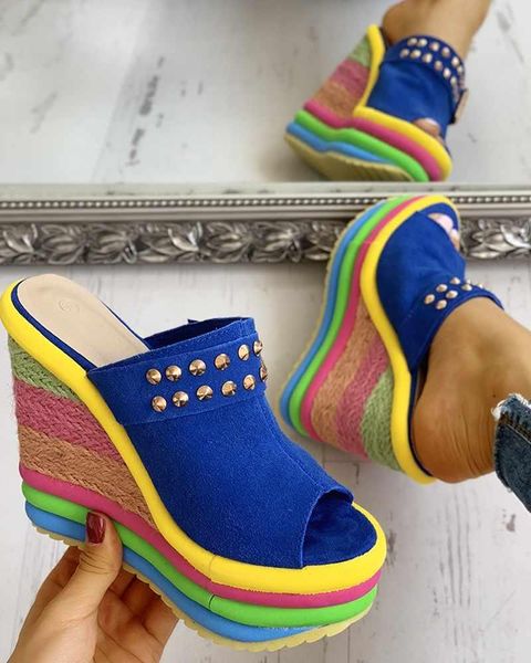 

wedges platform sandals shoes for women 2021 summer bohemia casual rainbow color peep toe slippers sandalias outdoor, Black