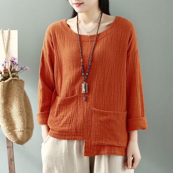 

vintage women blouse solid color low high asymmetric hemline pockets long sleeve loose cotton fashion woman blouses 2021 women's & shi, White