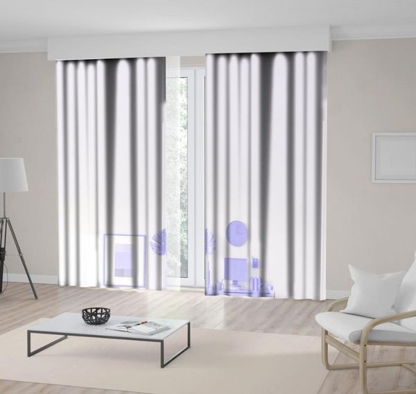 

curtain & drapes working desk with computer phone pen holder decorative leaf against the wall clock minimalistic art lilac white