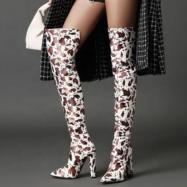 

boots zebra print big size 43 back zip over knee high chunky heel daily women pointed toe winter thigh booties for ladies, Black