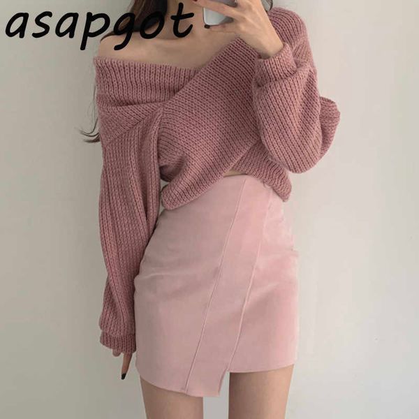 

korean chic temperament v-neck cross off the shoulder sweaters slim high waist wrap hip irregular skirt sweet retro wild 210610, White