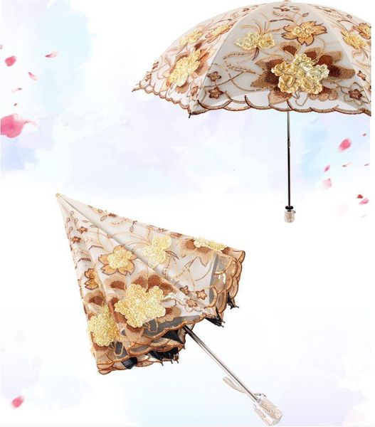 

umbrellas ladies sun umbrella rain woman lace clear folding windproof embroidery cloth parasol black coating parapluie gift