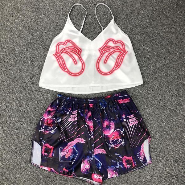 

cartoon print pajamas sets women sleepwear cute animal satin pyjamas sleep shorts spaghetti strap pijama suit homewear, Black;red