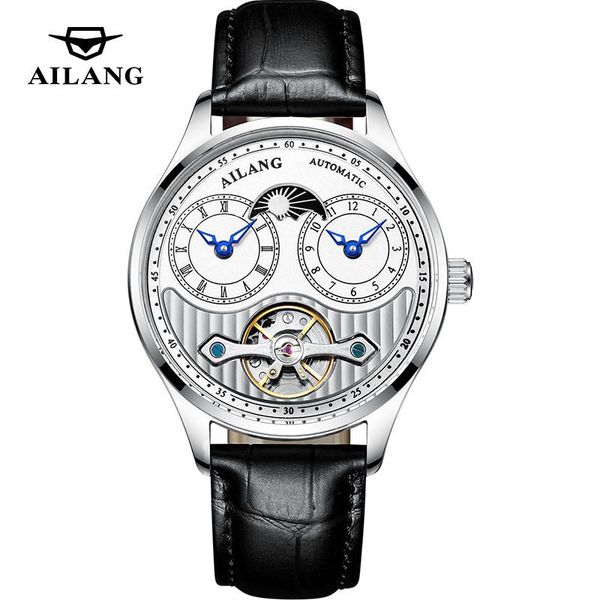 

wristwatches ailangh men's mechanical watch stainless steel automatic white dial sports waterproof luxury luminous tourbillon authentic, Slivery;brown