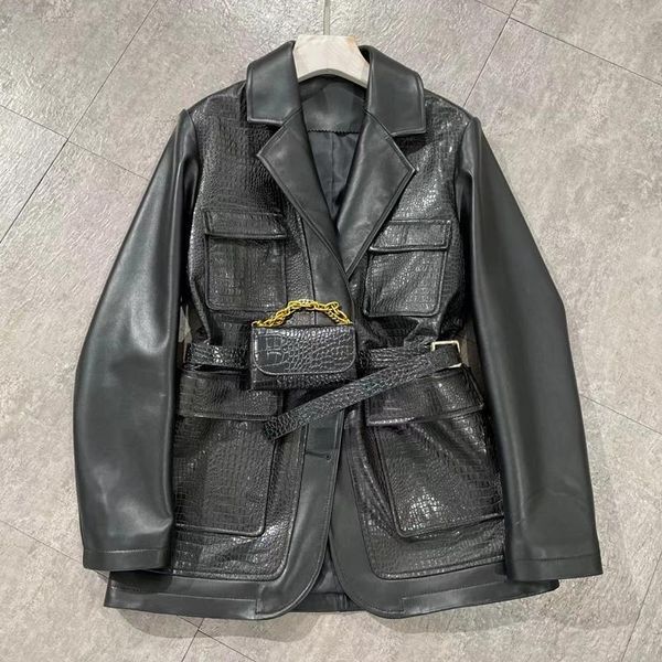 

women's leather & faux women coat spring regular length 2021 arrival genuine jacket spliced crocodile skin clothes pocket decoration, Black