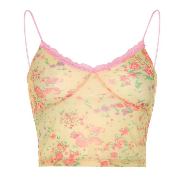 

women's tanks & camis woman mesh camisole high street floral print fashion cute one-word collar for ladies chic female evening part, White