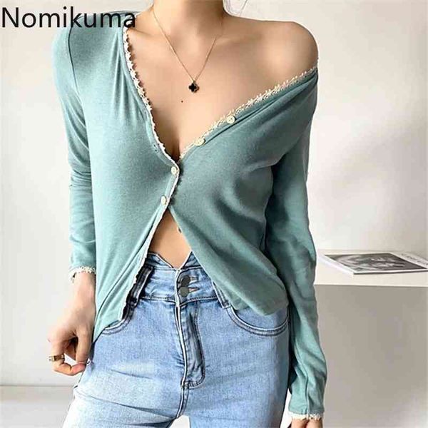 

nomikuma lace patchwork cardigan women long sleeve v-neck t shirts spring single breasted korean slim tshirt coat 6g740 210427, White