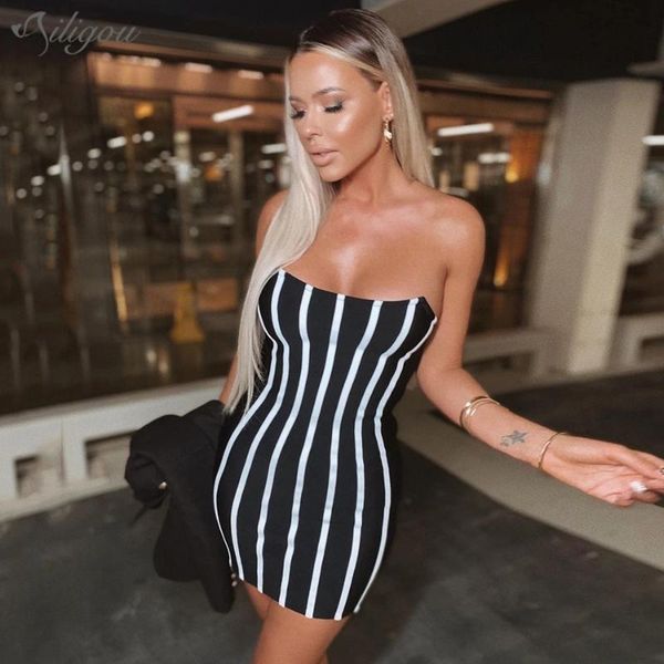 

casual dresses ailigou 2021 chic white striped splicing design strapless sleeveless celebrity party bandage mini dresss, Black;gray