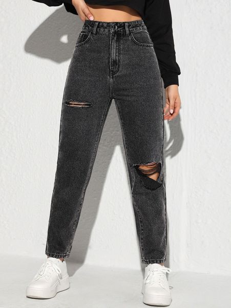 

high waist ripped mom fit jeans u6m0#, Blue