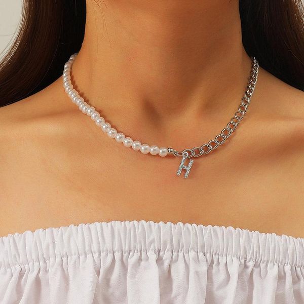 

chokers fashion cuban link chain pearl choker necklace crystal letter h pendant hip hop women neck collar trendy female, Golden;silver