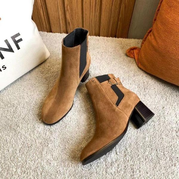 

boots winter shoes woman kid suede ankle elastic band round toes square heels short, Black