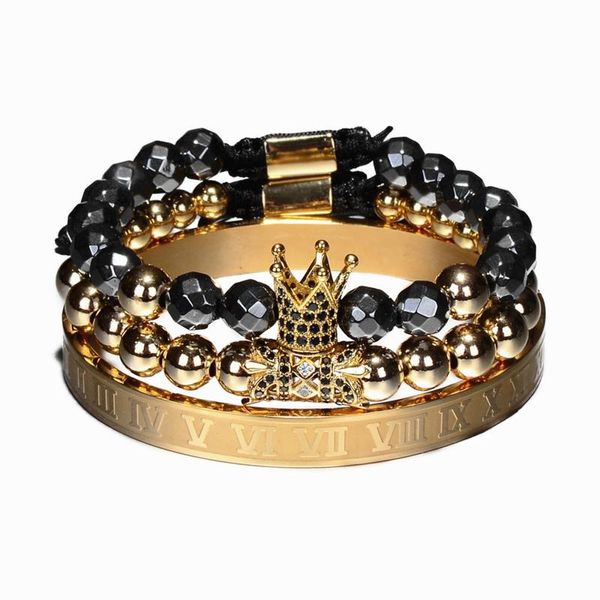 

luxury jewelry 3pcs/set men crown bileklik hematite beads braiding bracelets for women pulseira masculina feminina charm, Golden;silver