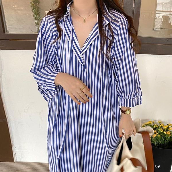 

casual dresses [ewq] korea summer trend women lapel single-breasted striped loose fashion lace-up long-sleeved shirt dress 2021 16e1997, Black;gray