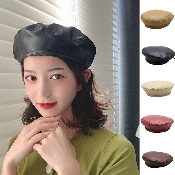 

berets 2021 fashion women hats vintage pu leather beret artist warm beanies winter autumn female outdoors solid color caps, Blue;gray