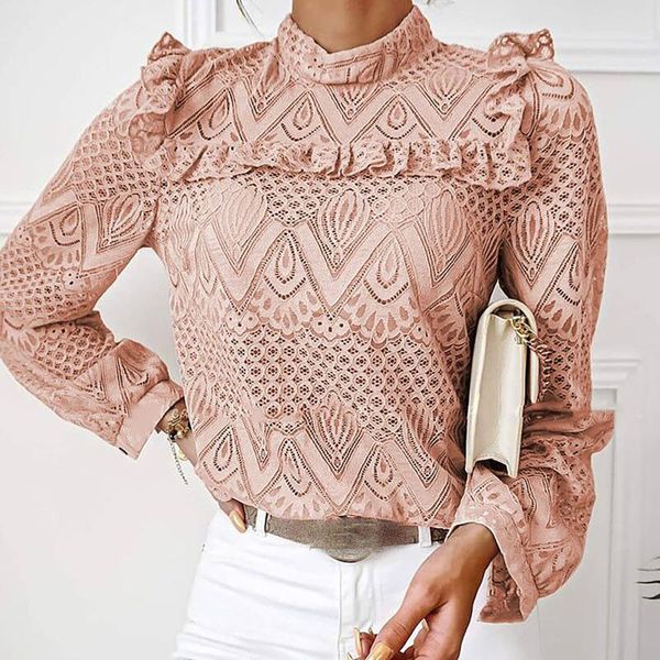 

women's t-shirt elegant turtleneck button lace women hollow out design shirt 2021 spring petal sleeve office lady casual blusa, White