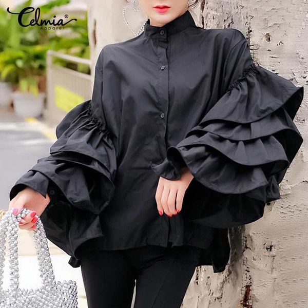 

blouses celmia women elegant ruffled shirts fashion large flare sleeve blouses spring o-neck tunic 2021 casual button office blusas, White
