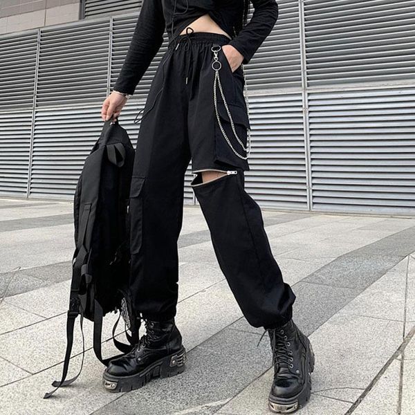 

women's pants & capris y2k punk solid black zipper chain harajuku high waist elastic trousers goth mall women casual fall jogging, Black;white