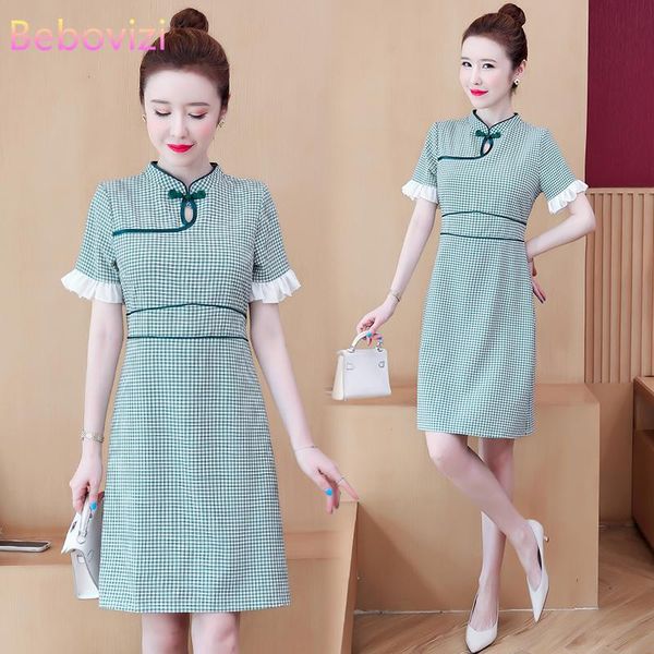 

plus size -4xl summer green grid short sleeve qipao dress for women chinese modern cheongsam party casual traditional clothes, Red