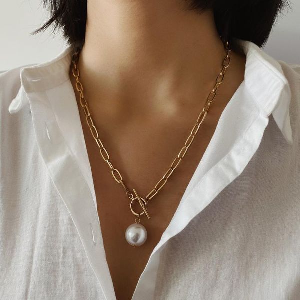 

pendant necklaces concise style thick chain necklace for women imitation pearl accessories bohemia jewelry 2021, Silver