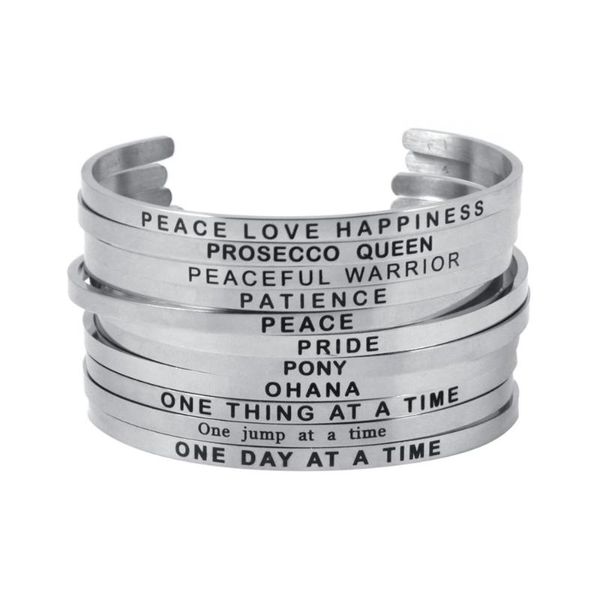 

bangle 316l stainless steel engraved positive inspirational quote 4mm handmade cuff mantra bracelets for women, Black