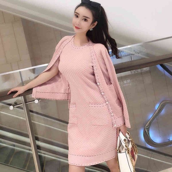 

skirt autumn short-sleeve mesh dress and cardigan sweater 2 piece set of casual women's clothes elegant knitting sets 84na, Black