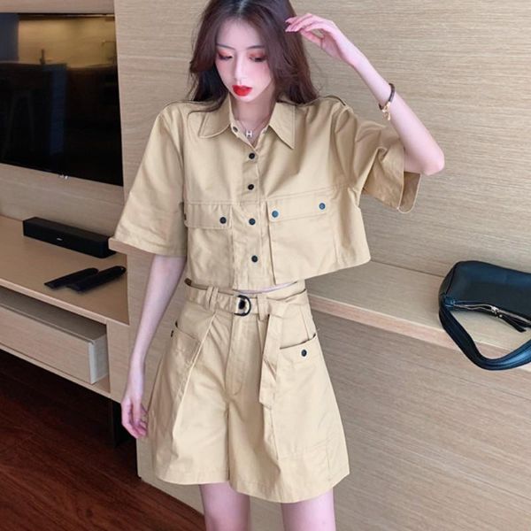 

women's tracksuits 2021 korean two piece set for women summer lapel short sleeve shirt + high waist pants casual outfits, Gray