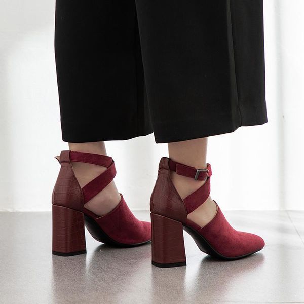 

ankle cross strap buckle high block heel shoes black wine red summer heels pumps office career ladies dress