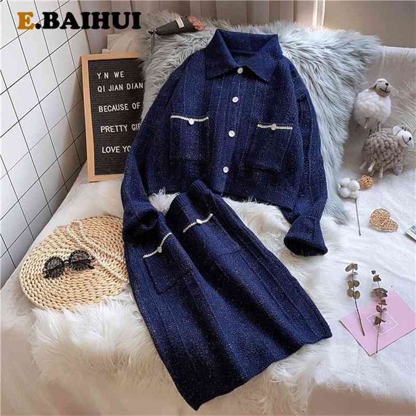 

sweater suit sets women cardigans and skirt two piece turn down colar fashion knitted autumn casual solid sweaters 210522, White