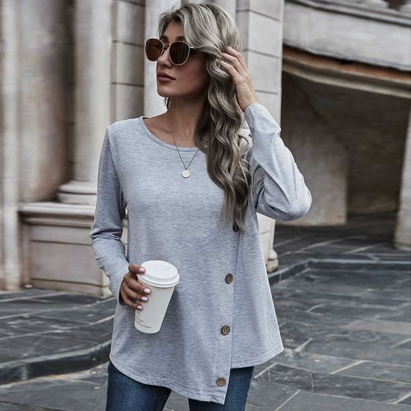 

women's 2021 spring round neck button solid color pullover irregular sweater t-shirt for women, White