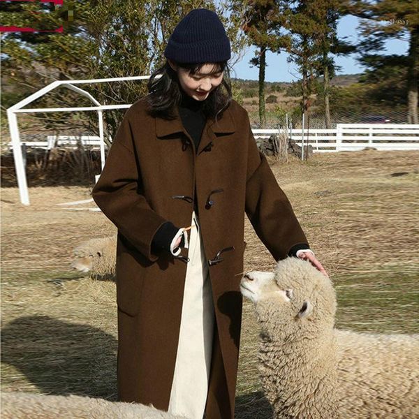 

women's wool & blends women autumn vintage jacket female single brasted long sleeve mid-long coat lady casual loose plus size outerwear, Black