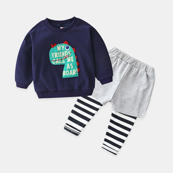 

2021 autumn spring 2 3 4 6 8 years cotton handsome cartoon sweatshirt+ striped pants 2 pieces sports set for kids baby boys, Blue